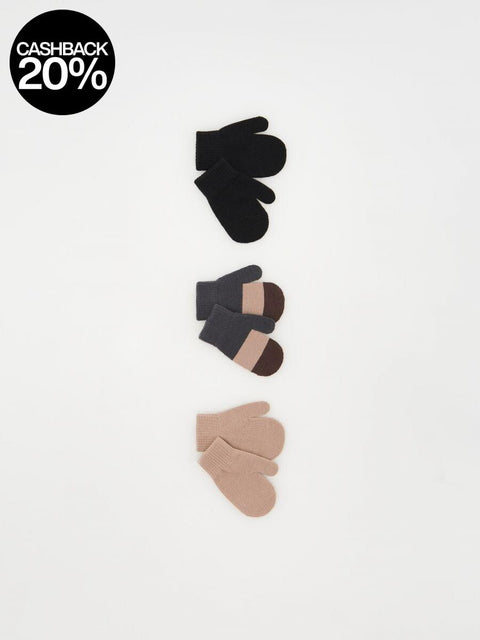 Three pairs of gloves in black, gray, and beige on a white background