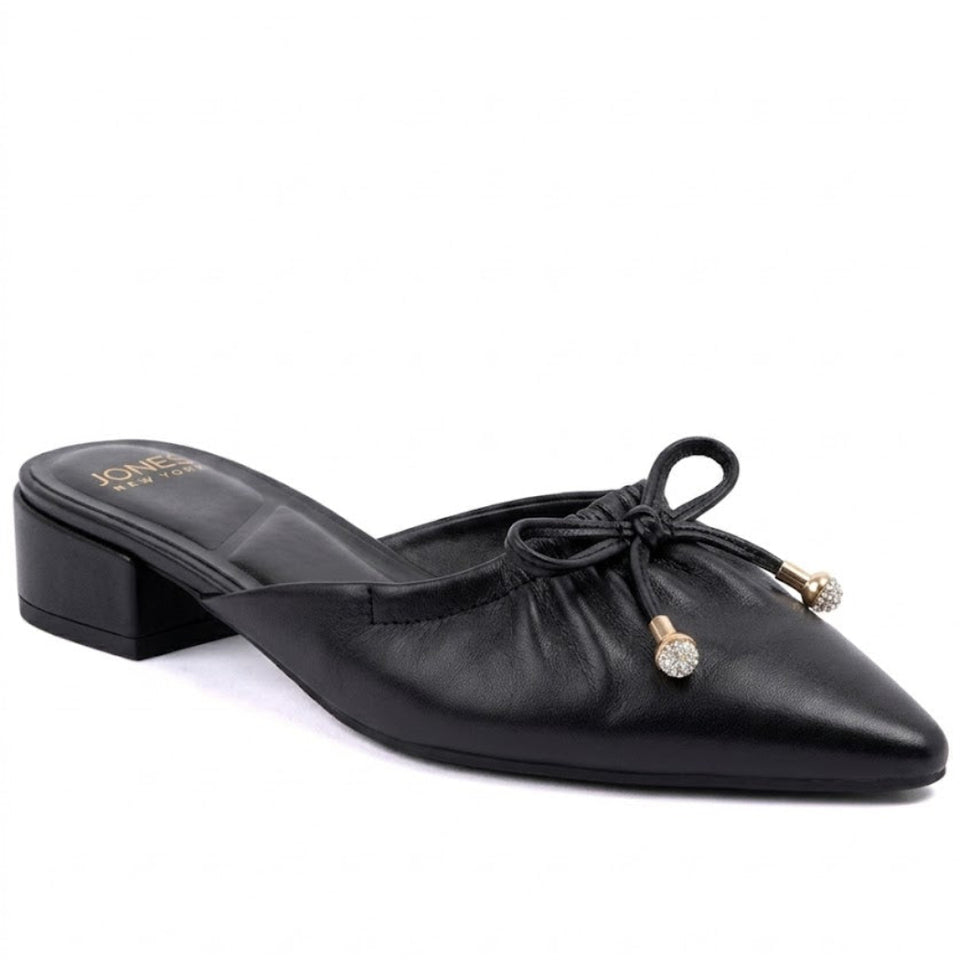 A black leather pointed-toe mule shoe with a low block heel, a decorative bow on the instep, and two gold-tone ring accents with clear rhinestones. The brand name 'LOVE & GEM' is printed in gold on the insole.