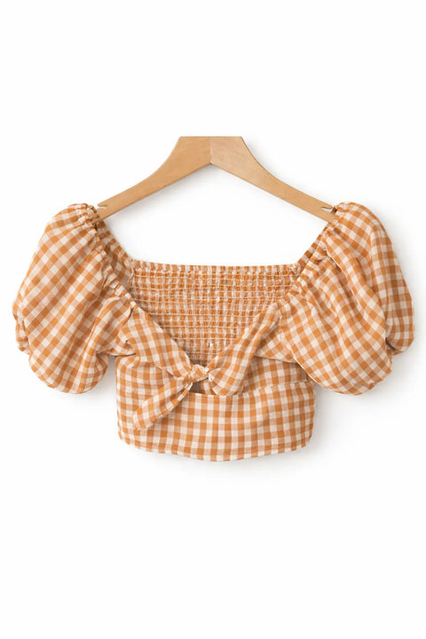 Forever 21 Women's Brown & White Off Shoulder Checkered Crop Top | Forever 21 In Lebanon