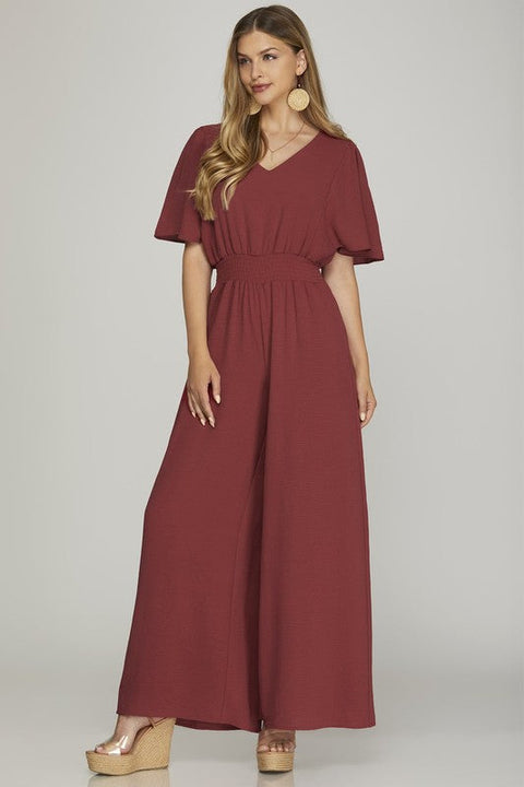 Vince Camuto Women's Burgundy Solis Short Sleeve V Neck Jumpsuit |Vince Camuto In Lebanon