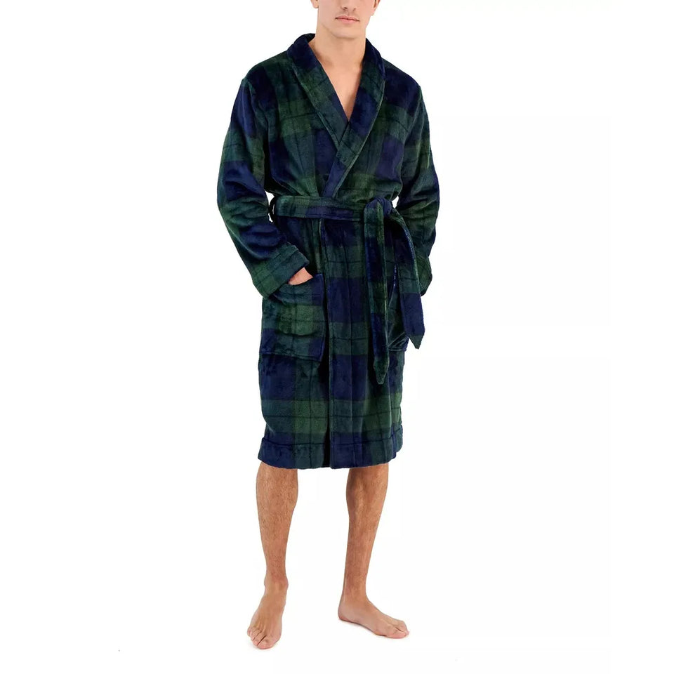 Club Room Men's Dark Green & Navy Plaid Pattern Sleep Robe