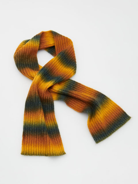 Woven scarf with orange and black pattern on a white background