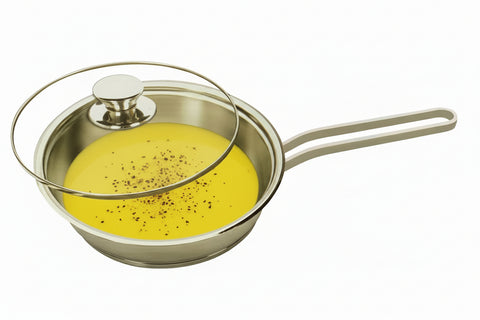 Cookware set with a lid on a stove, surrounded by vegetables