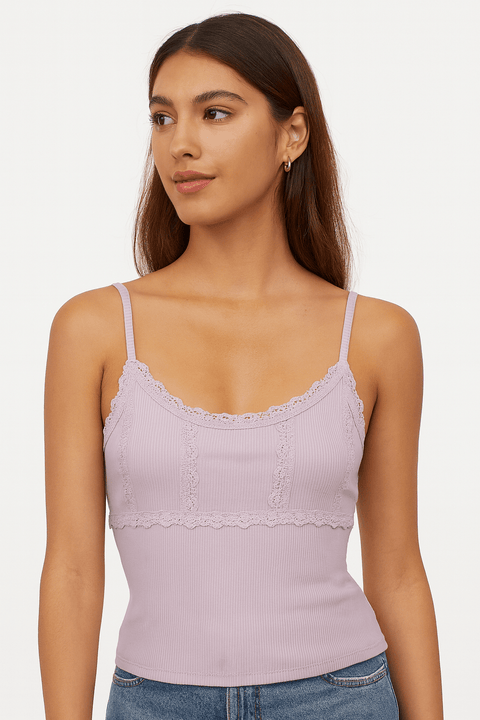 Hippie Rose Women's Purple Lace-Trim Ribbed Camisole Sleeveless Blouse | Hippie Rose In Lebanon