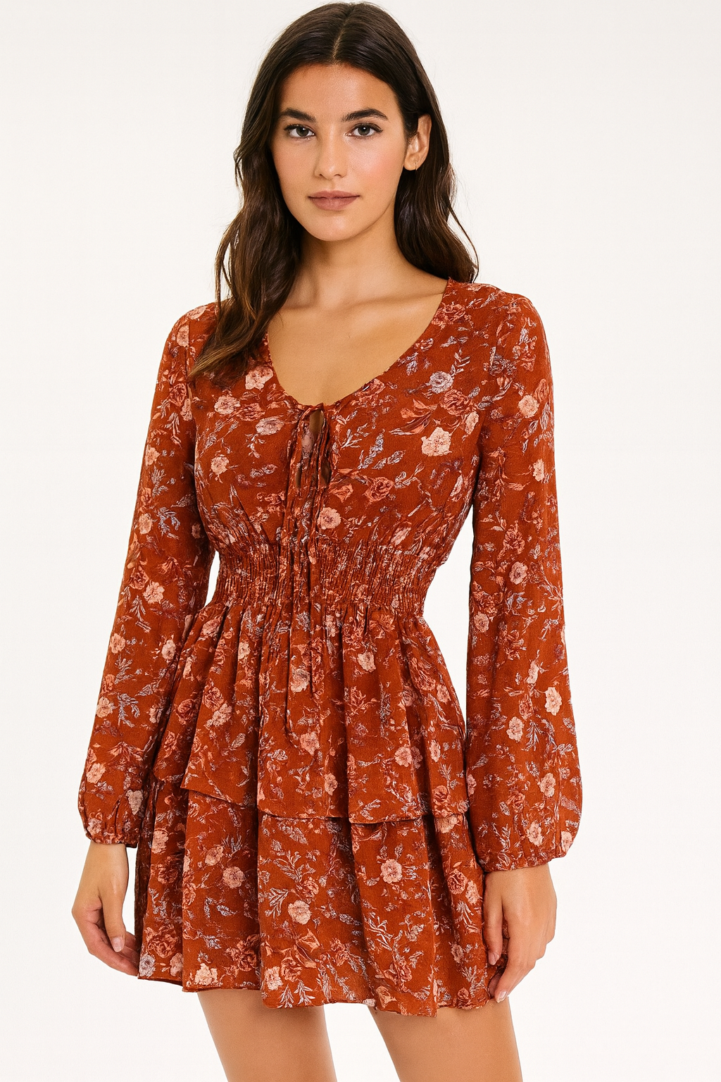 Forever 21 Women's Rust Multi Floral Long Sleeve Ruffled Mini Dress | Forever 21 In Lebanon