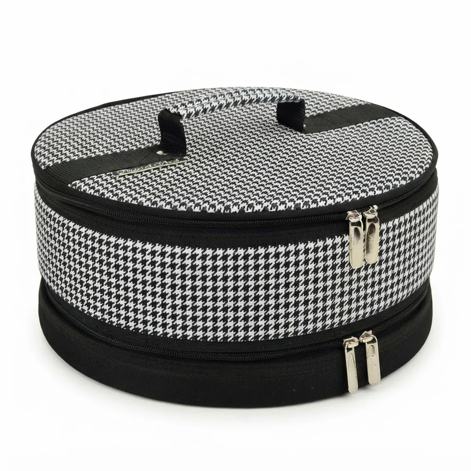A round zippered storage case with a black and white houndstooth pattern, featuring a top handle and silver zipper pulls, shown on a plain white background.