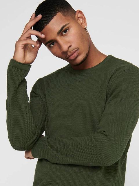 Only & Sons Men's Dark Green Struc Crew Neck Knit Sweater | Only & Sons In Lebanon