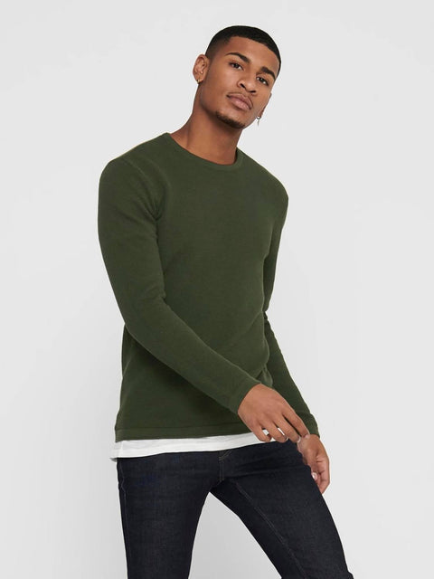 Only & Sons Men's Dark Green Struc Crew Neck Knit Sweater | Only & Sons In Lebanon