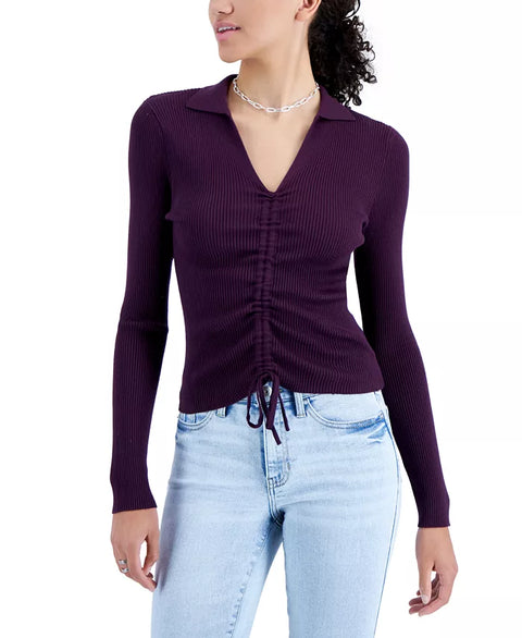 Hooked Up Women's Plum Ruched Ribbed V Neck Long Sleeve Blouse | Hooked Up In Lebanon