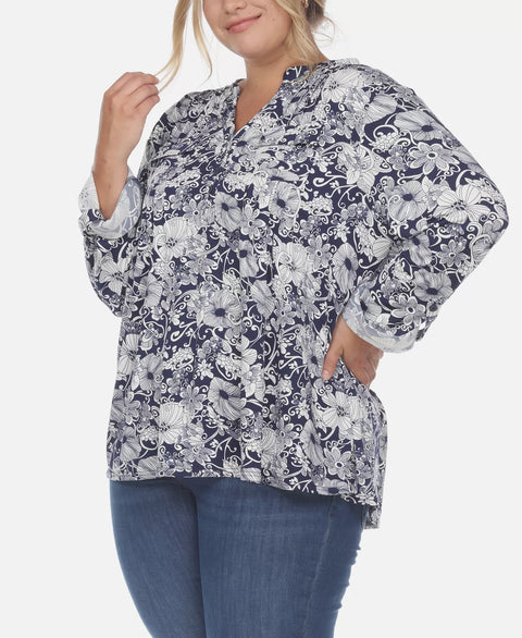 White Mark Women's Navy & White Plus Size Pleated Long Sleeve Floral Print Blouse|White Mark In Lebanon