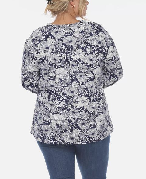 White Mark Women's Navy & White Plus Size Pleated Long Sleeve Floral Print Blouse|White Mark In Lebanon
