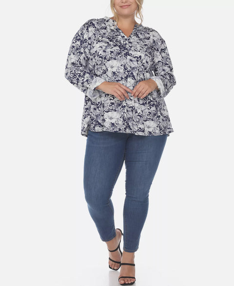 White Mark Women's Navy & White Plus Size Pleated Long Sleeve Floral Print Blouse|White Mark In Lebanon