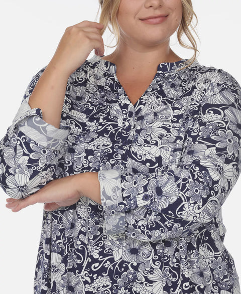 White Mark Women's Navy & White Plus Size Pleated Long Sleeve Floral Print Blouse|White Mark In Lebanon