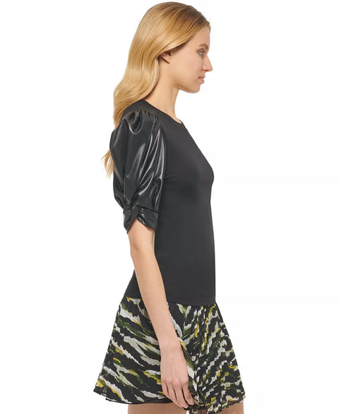DKNY Women's Black Leather Puffed-Sleeve Blouse | DKNY In Lebanon