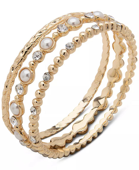 Anne Klein Women's Gold-Plate 3-Pc. Set Crystal & Imitation Pearl Bangle Bracelets |Anne Klein In Lebanon