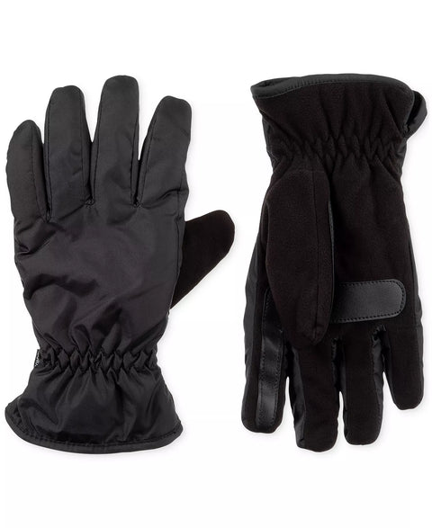 Two black gloves on a white background
