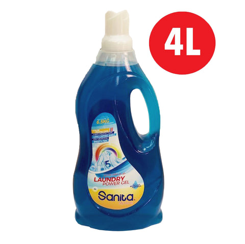 Blue bottle of Sanita laundry power gel with a 4L label on a white background