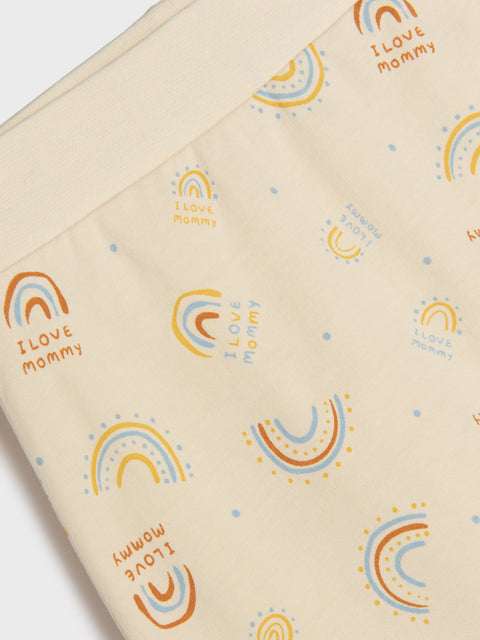 Beige fabric with rainbow and 'I love mommy' text pattern