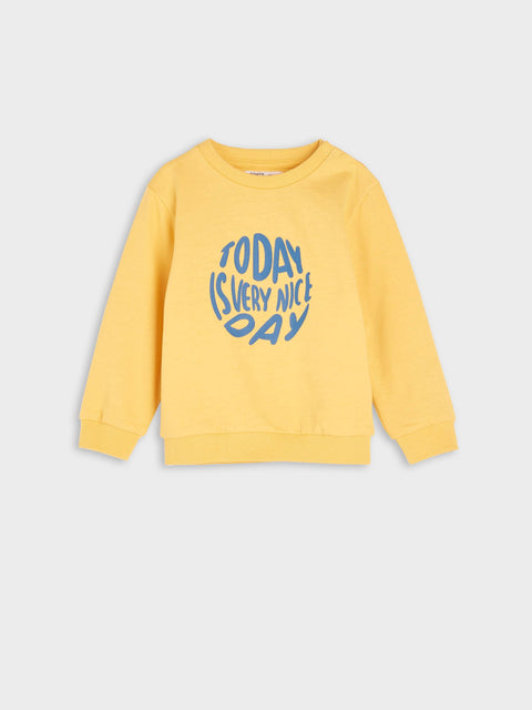 Yellow sweatshirt with blue text on a white background