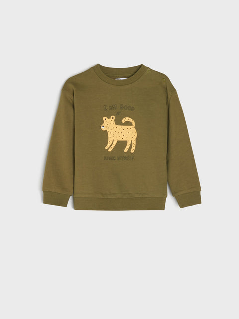 Green sweatshirt with a tiger design and text on a white background