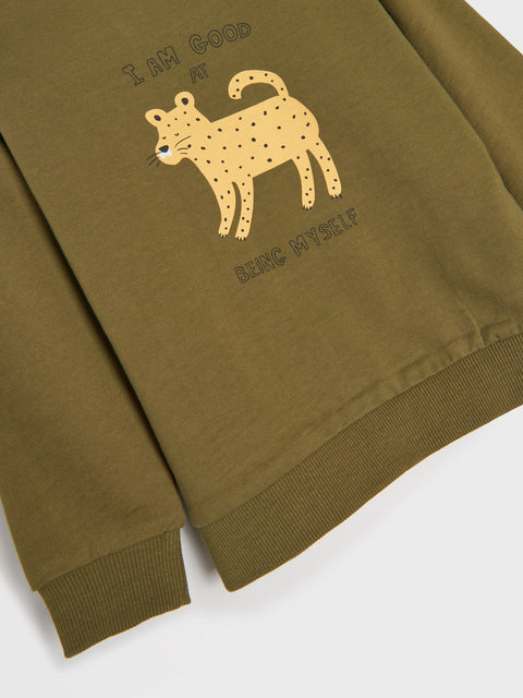 Green sweatshirt with a cheetah graphic and text on a white background