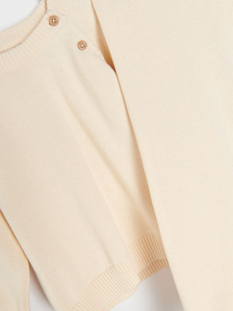 Beige sweater with button details on a light gray background