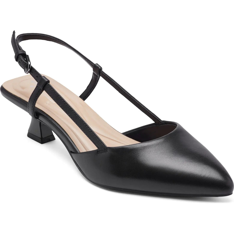 A single black pointed-toe slingback pump with a low block heel and thin ankle strap, shown on a plain white background.