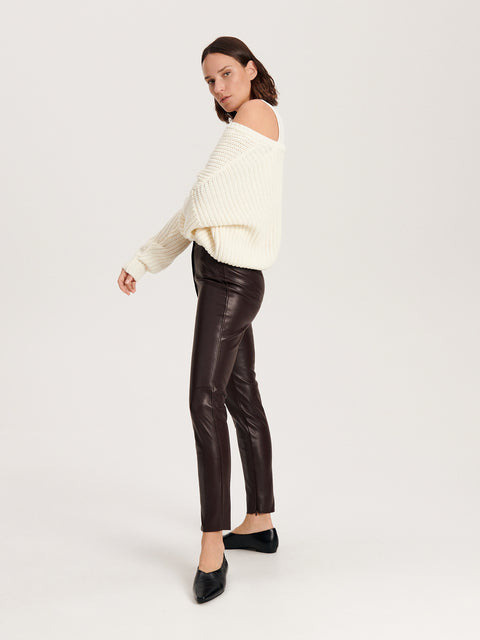 Reserved Women's Brown Leather Slim-Fit Trousers | Reserved In Lebanon