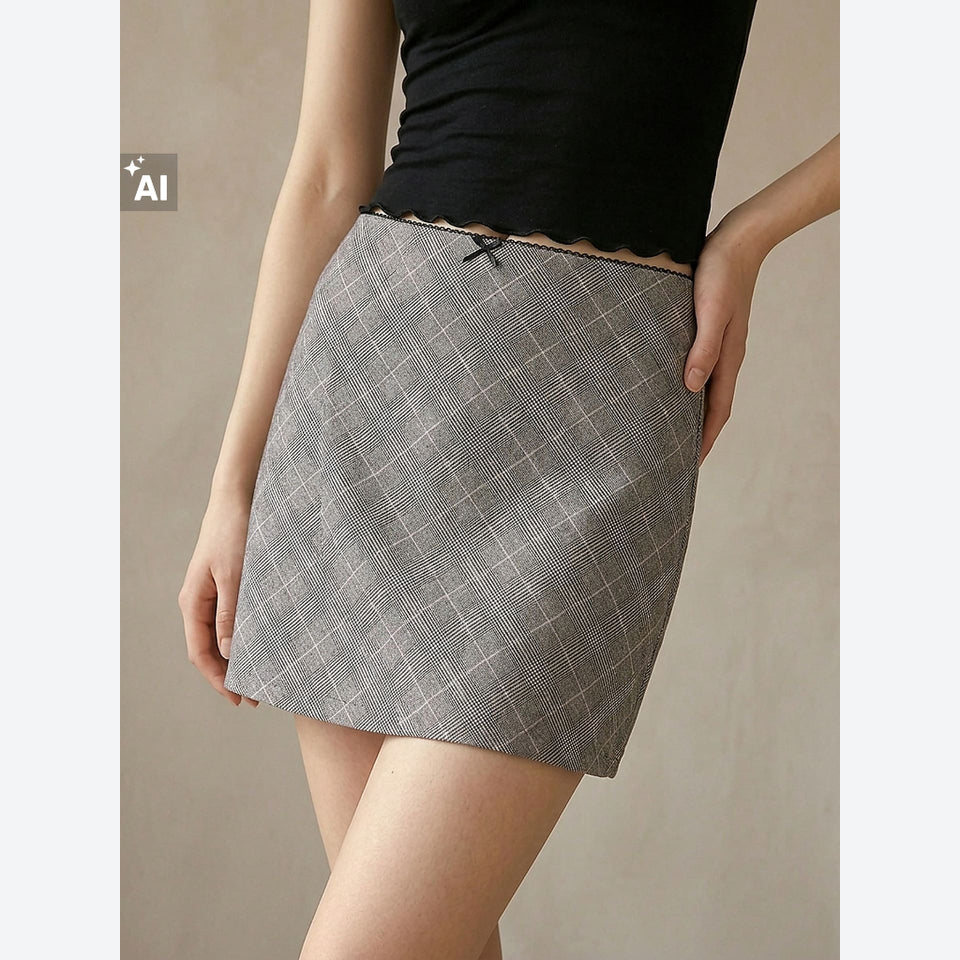 A model wearing a gray mini skirt with a subtle plaid pattern and a black top, shown from the chest down against a neutral beige background.