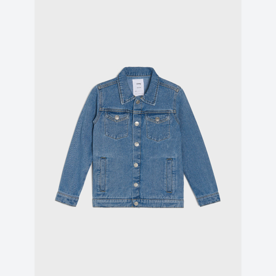 A classic blue denim jacket with silver-tone metal buttons, displayed flat against a light gray background.