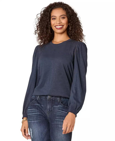 Democracy Women's Navy Petite Crewneck Crochet Long-Sleeve Blouse | Democracy In Lebanon