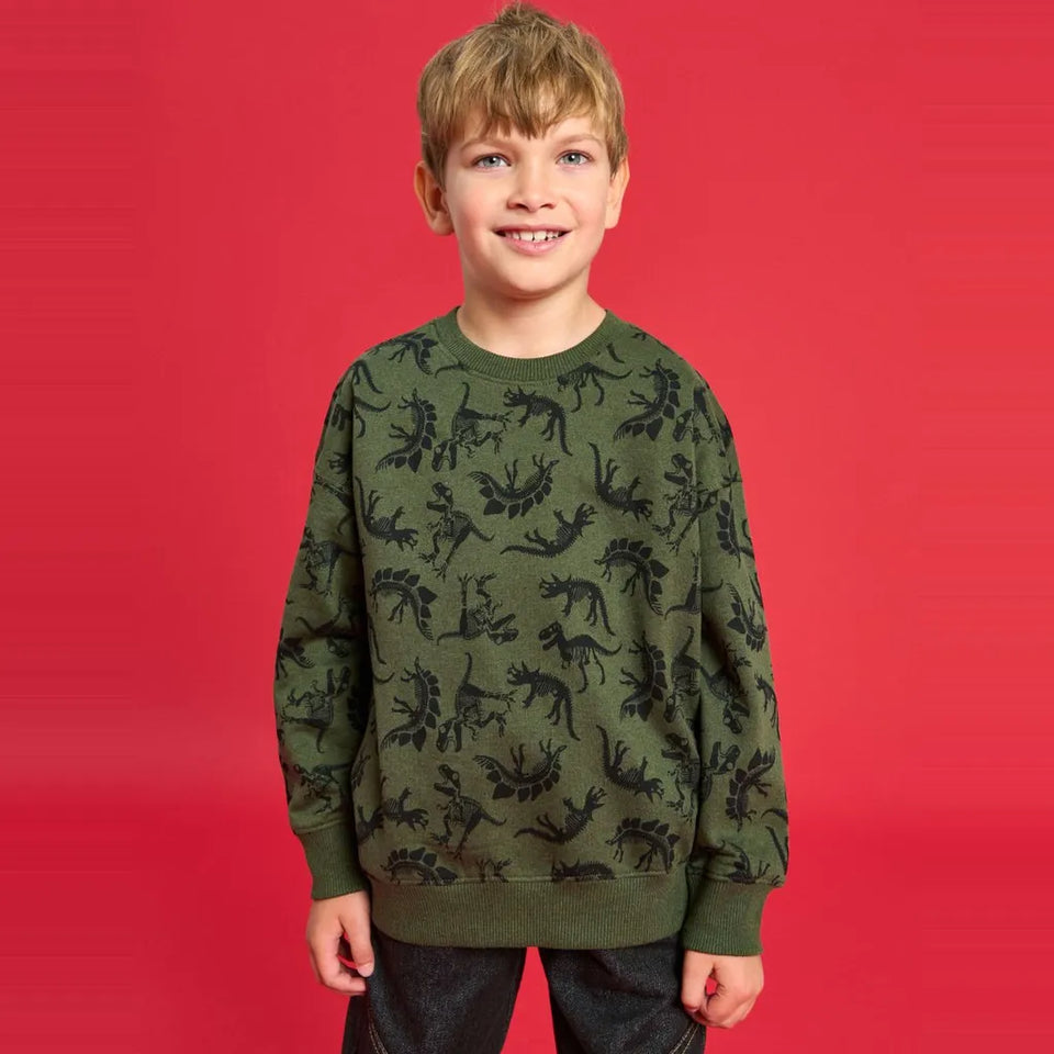 Sinsay Boy's Olive Green All Over Dinosaur Print Sweatshirt