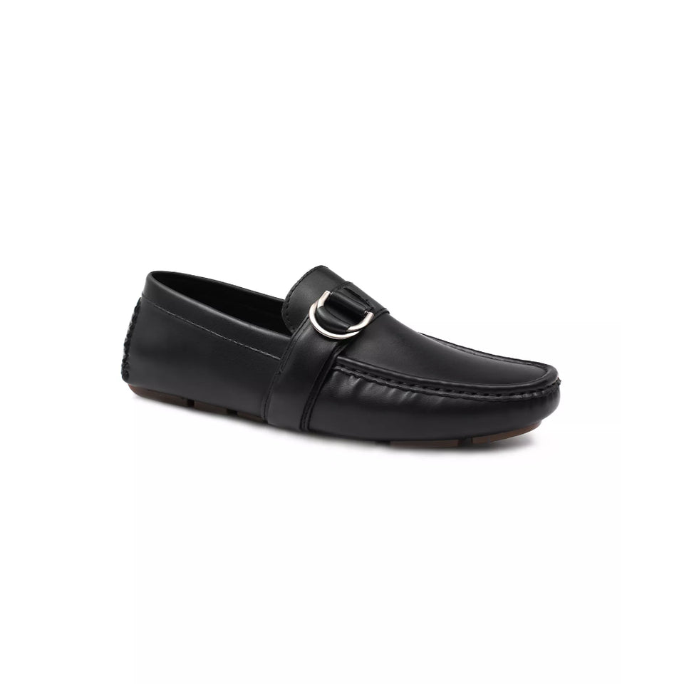 Navy blue leather boat shoe on a white background