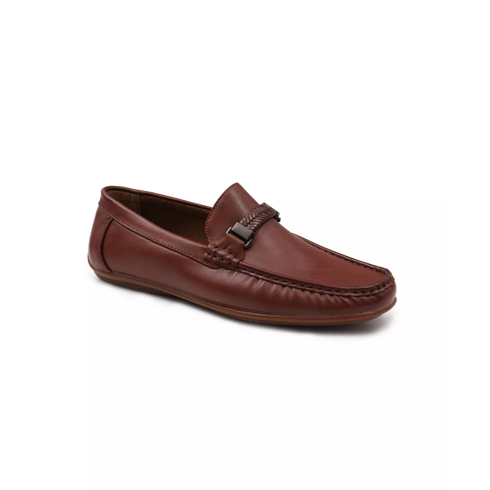 A single brown leather loafer with a braided detail across the vamp, photographed from a three-quarters angle on a clean white background.