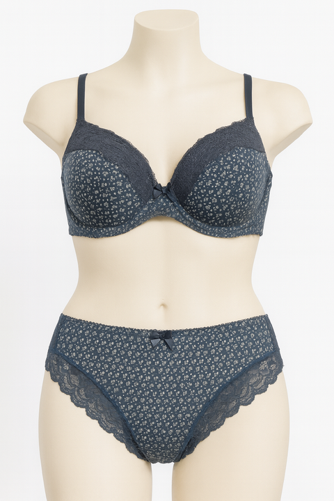 Demar Women's Blue With Grey Flowers 2 Piece Lingerie Set | Demar In Lebanon