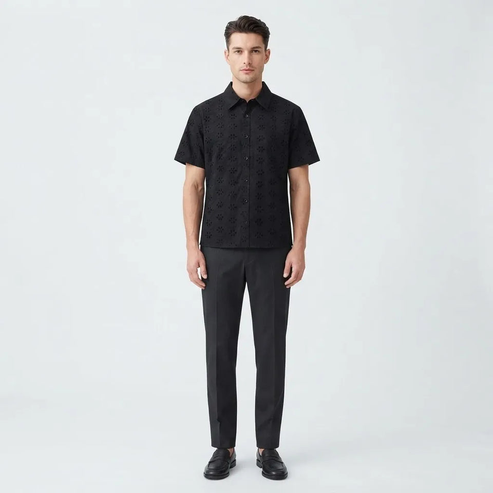 Karl Lagerfeld Men's Black Button-Up Subtle Textured Pattern Short-Sleeve Shirt