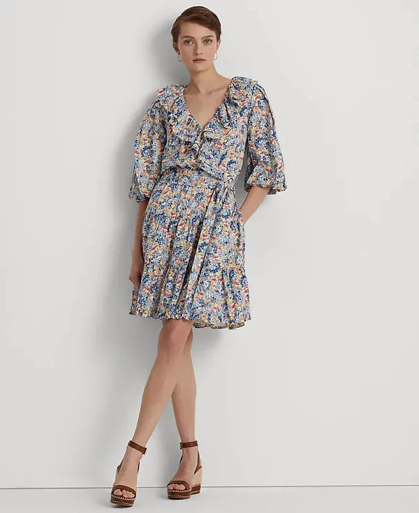 Lauren Ralph Lauren Women's Blue & Pink Floral Ruffle-Trim Cotton Voile Dress | Lauren Ralph Lauren In Lebanon