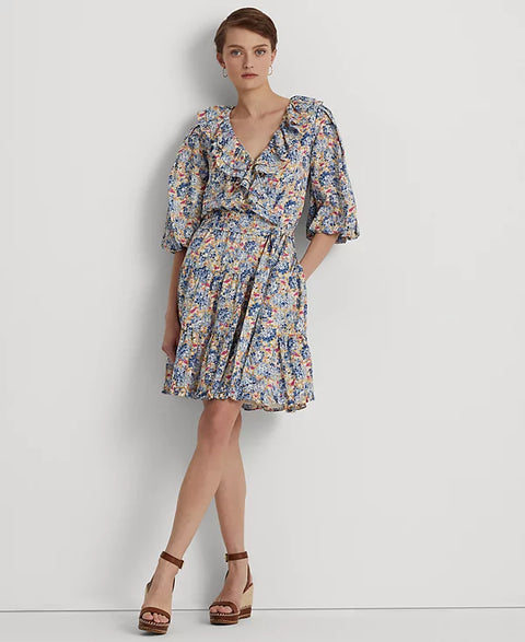 Lauren Ralph Lauren Women's Blue & Pink Floral Ruffle-Trim Cotton Voile Dress | Lauren Ralph Lauren In Lebanon