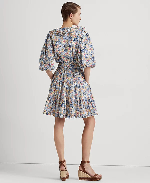Lauren Ralph Lauren Women's Blue & Pink Floral Ruffle-Trim Cotton Voile Dress | Lauren Ralph Lauren In Lebanon