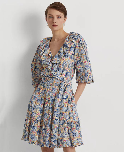 Lauren Ralph Lauren Women's Blue & Pink Floral Ruffle-Trim Cotton Voile Dress | Lauren Ralph Lauren In Lebanon