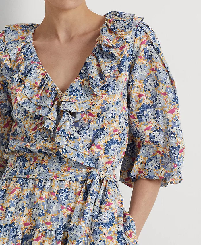 Lauren Ralph Lauren Women's Blue & Pink Floral Ruffle-Trim Cotton Voile Dress | Lauren Ralph Lauren In Lebanon
