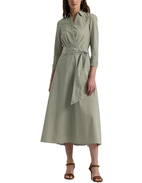Lauren Ralph Lauren Women's Green & White Striped Surplice Broadcloth Midi Dress | Lauren Ralph Lauren In Lebanon