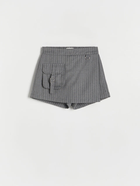 Gray checkered shorts with a pocket on a white background