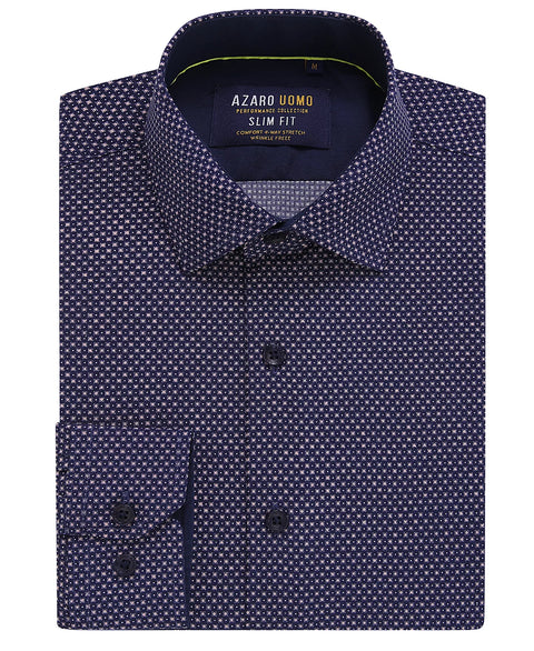Azaro Uomo Men's Navy Geometric Four-Way Stretch Button Down Shirt | Azaro Uomo In Lebanon
