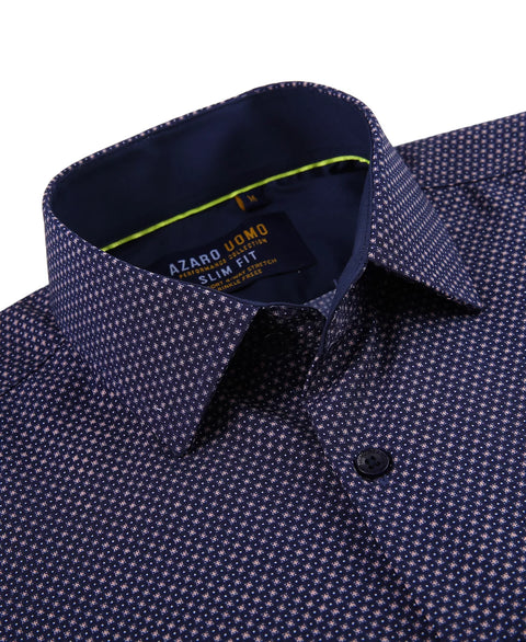 Azaro Uomo Men's Navy Geometric Four-Way Stretch Button Down Shirt | Azaro Uomo In Lebanon