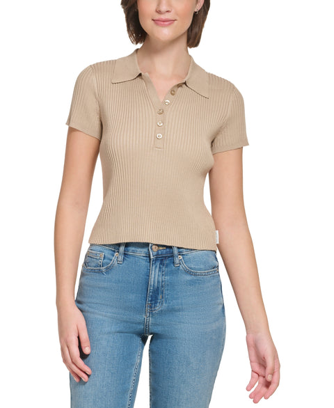 Calvin Klein Jeans Women's Wheat Ribbed Quarter-Button Polo T-Shirt | Calvin Klein Jeans In Lebanon