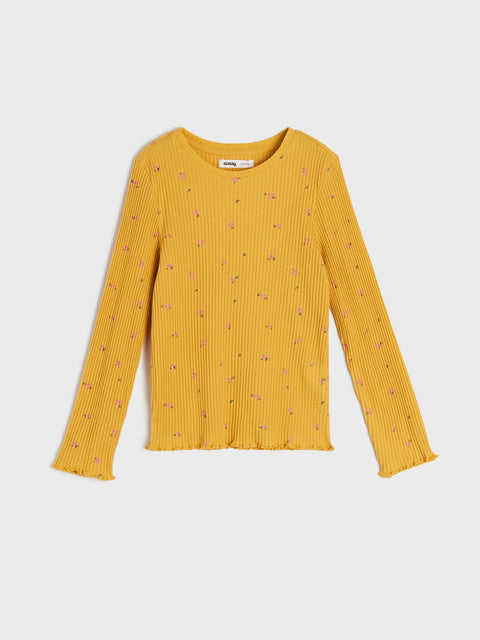 Yellow ribbed sweater with small patterns on a white background