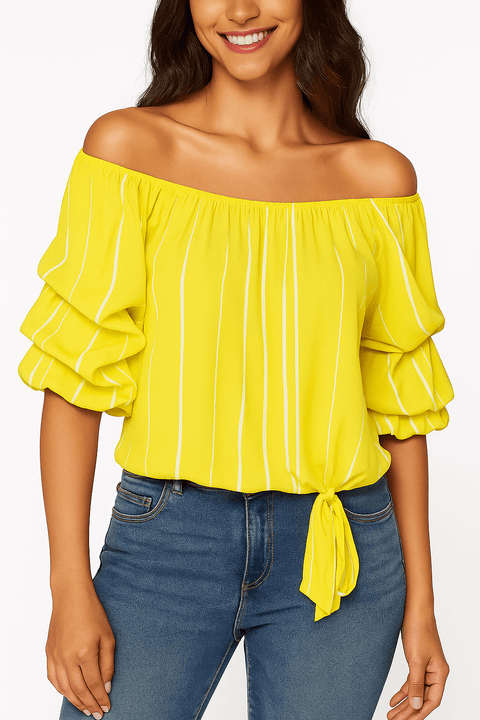 Vince Camuto Women's Bright Lemon Striped Balloon-Sleeve Off-The-Shoulder Blouse| Vince Camuto In Lebanon