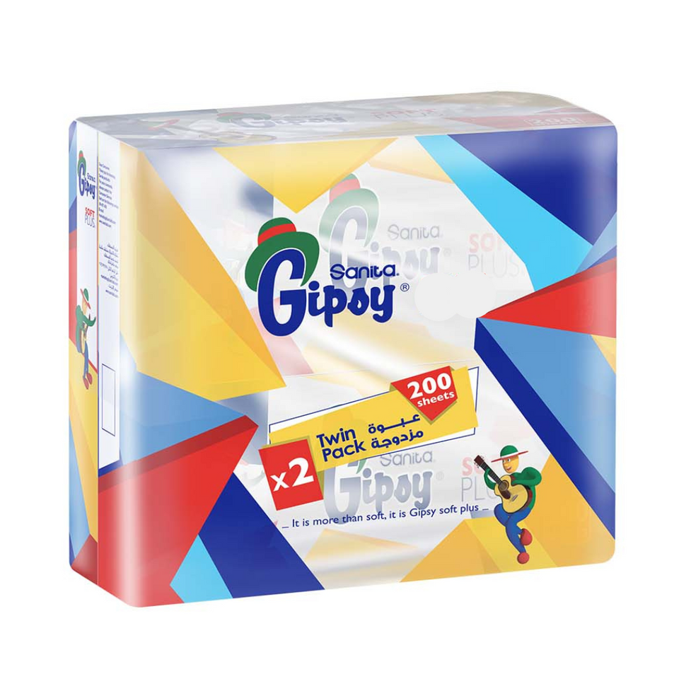 Gipsy Soft Plus toilet paper packaging with colorful design on a white background