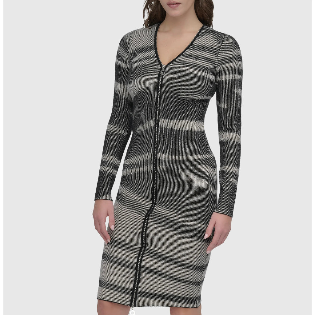 DKNY Women's Black & Grey Zip Front Long Sleeve Dress